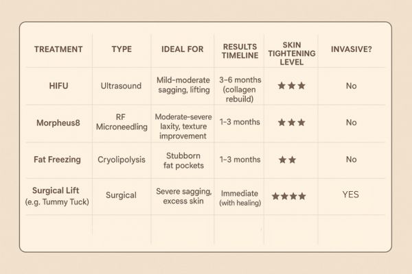 Table showing the comparisons of Skin tightening North Wembley treatment options.
